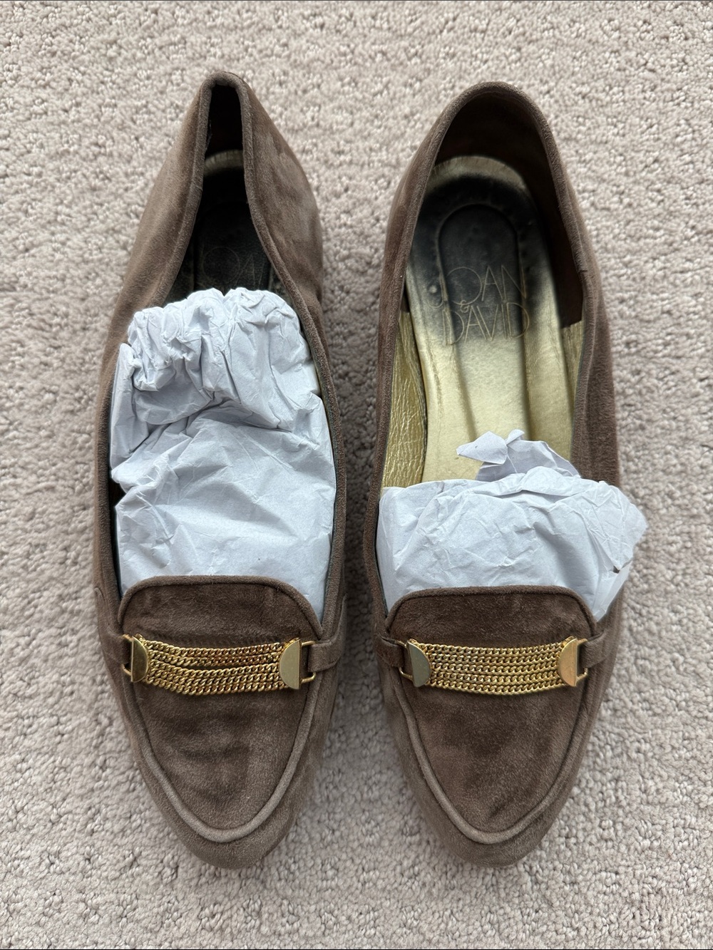 Brown Suede Wimens Loafers with Gold Chain Accent